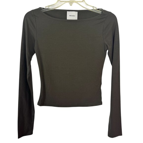 Reformation Olive Green Long Sleeve Tencel Boat Neck Top READ XS NWOT Stretch - Picture 1 of 9